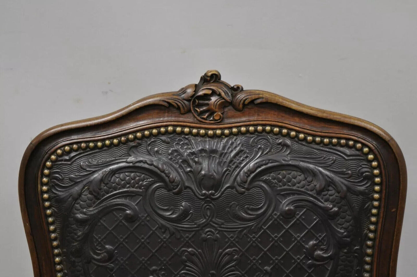 Antique French Louis XV Style Brown Embossed Leather Walnut Side Chair (C)