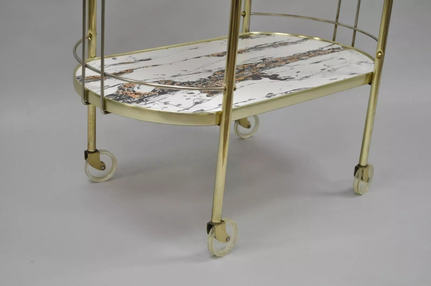 Vintage Mid Century Modern Brass Rolling Bar Tea Cart Laminate Faux Marble