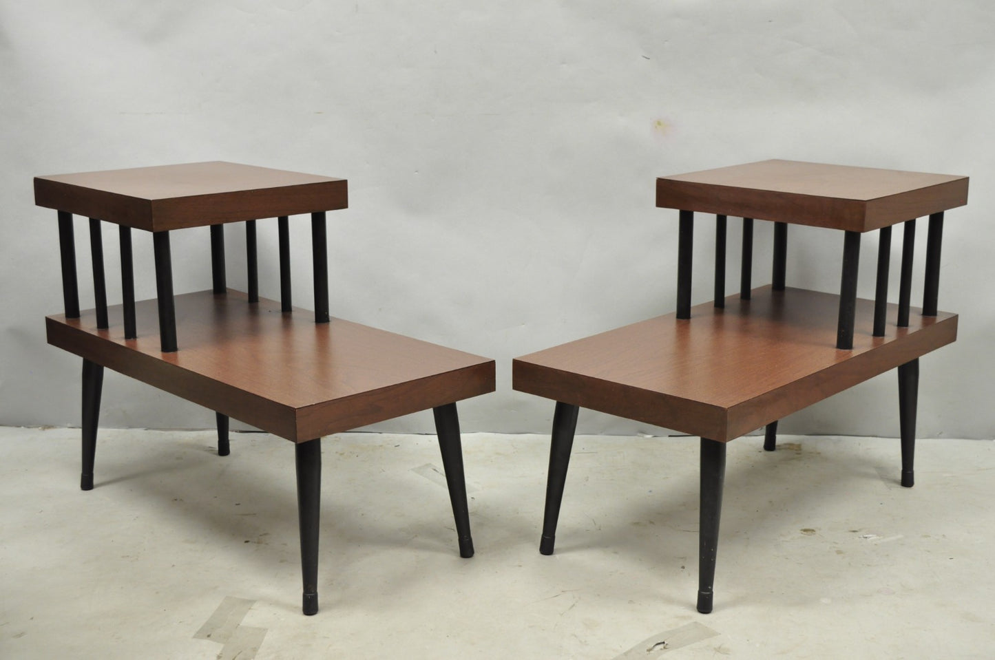 Vintage Mid Century Modern Two Tier Step Walnut Laminate Spindle End Table, Pair