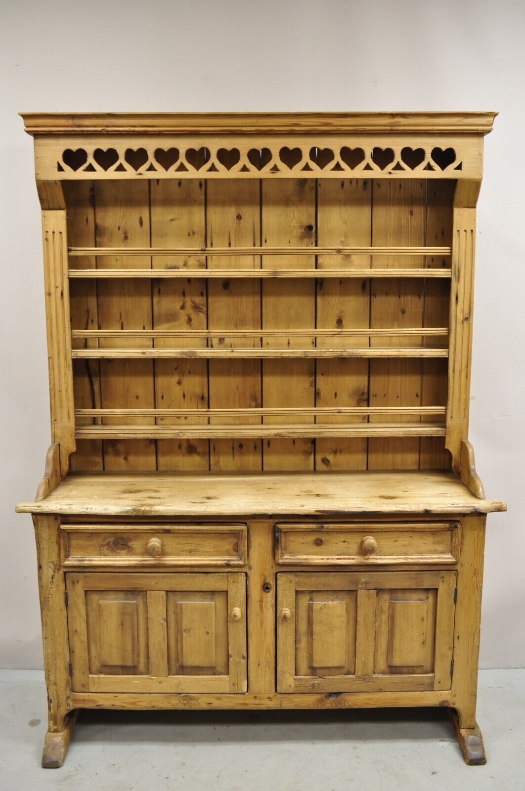 Antique French Country Provincial Pine Wood Step Back Cupboard China Cabinet