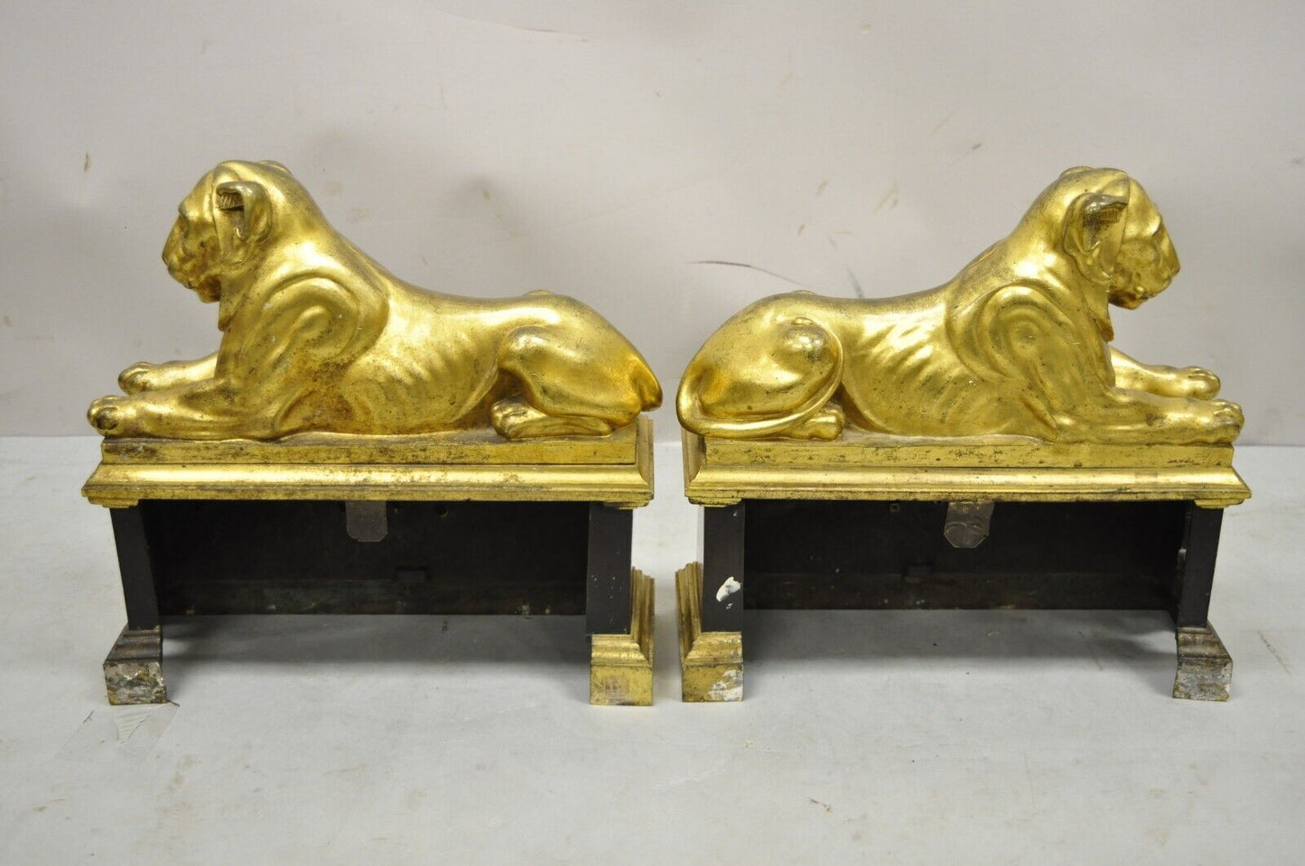 French Empire Neoclassical Bronze Lion Andirons Chenets with Fender - 3 pc set