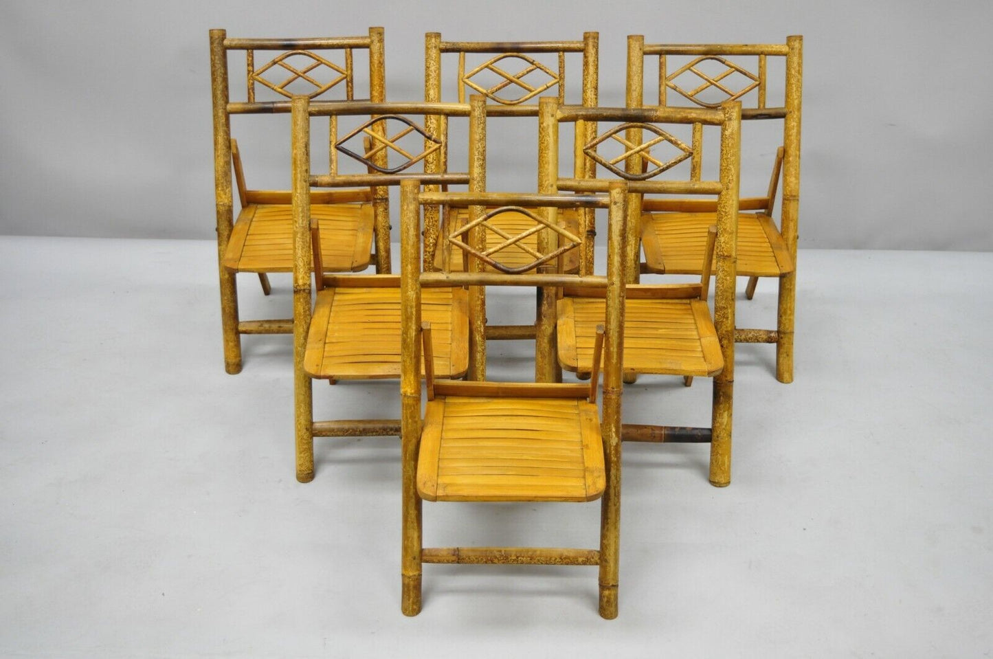 Vintage Hollywood Regency Tiki Children's Bamboo Folding Side Chairs - Set of 6