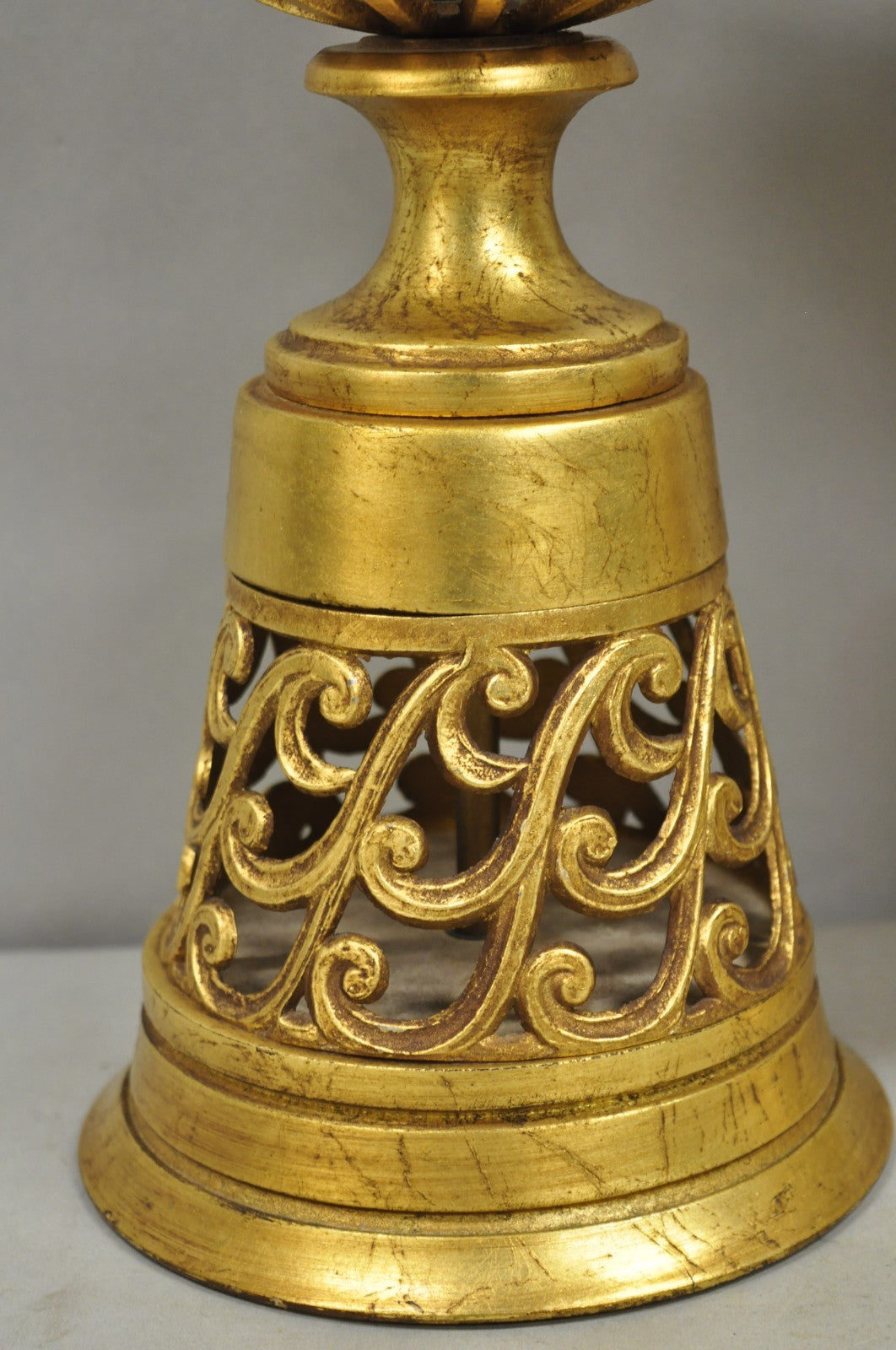 Vintage Italian Hollywood Regency Gold Gilt Iron Metal Fretwork Table Lamps Pair