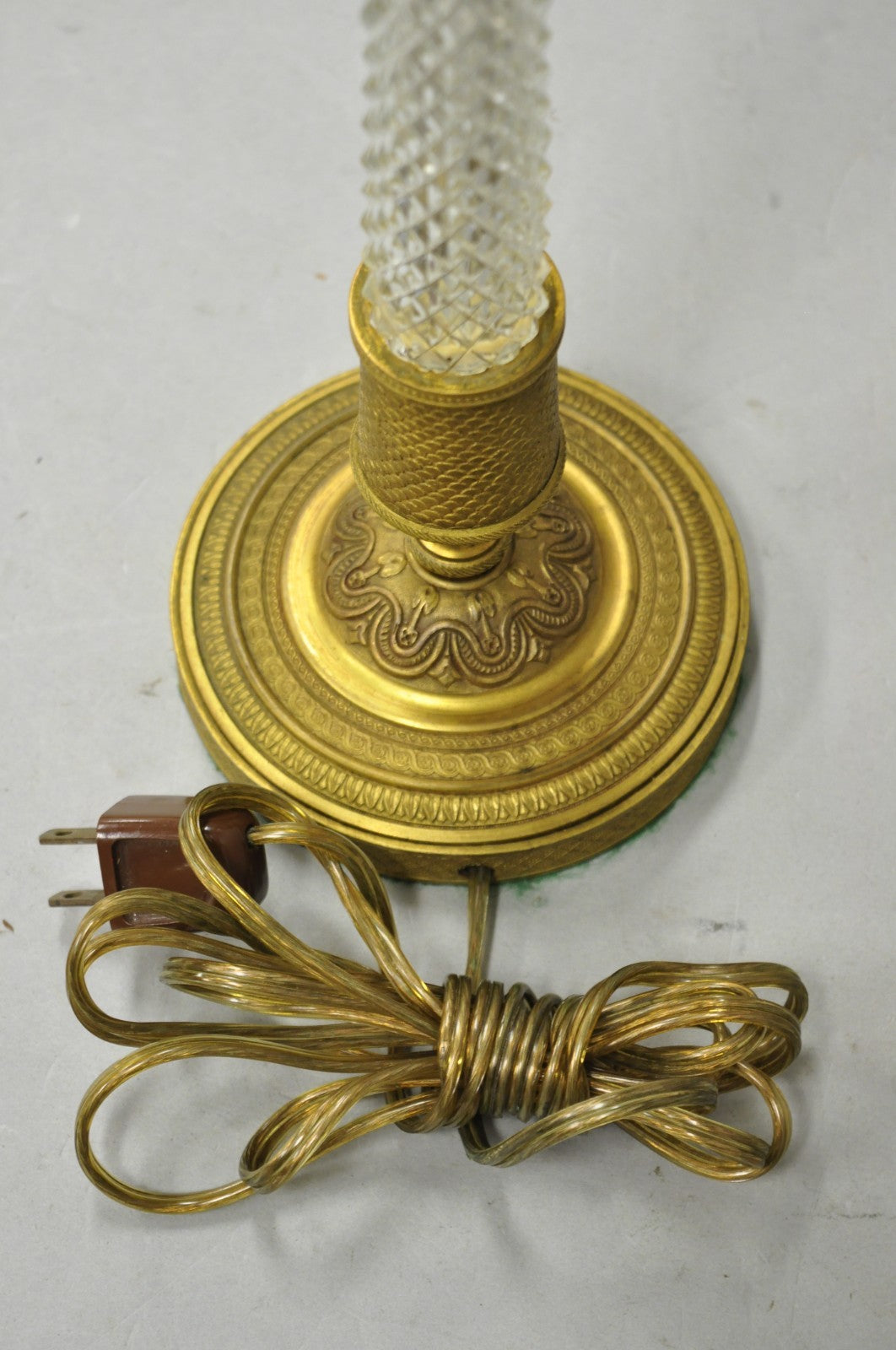 Antique French Empire Gilt Bronze Crystal Column Small Candlestick Table Lamp