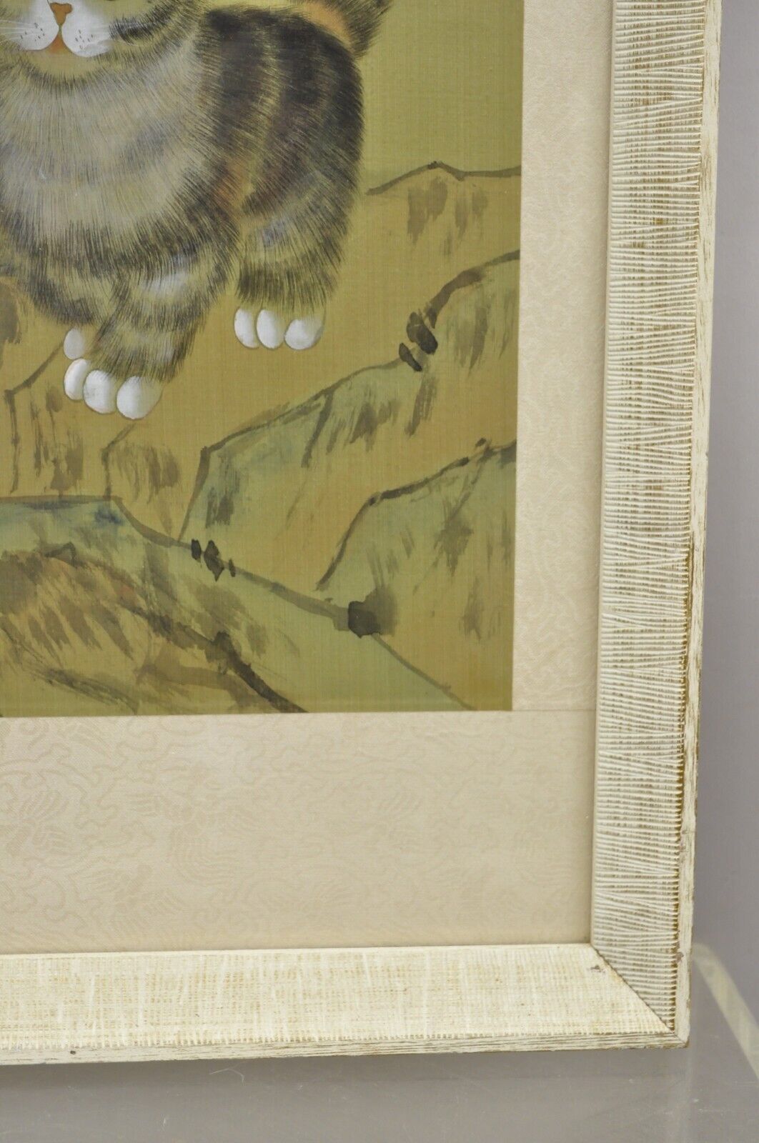 Vintage Chinese Watercolor Silkscreen Framed Painting of Cats and Flowers
