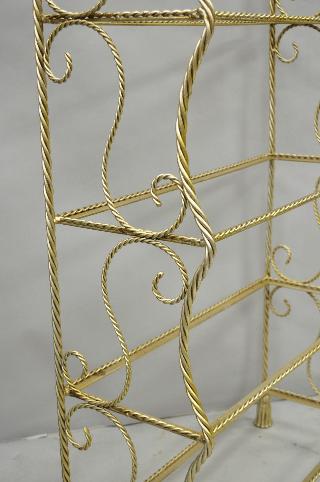 Vintage Italian Hollywood Regency Silver Gilt Iron Rope & Tassel 5 Tier Etagere