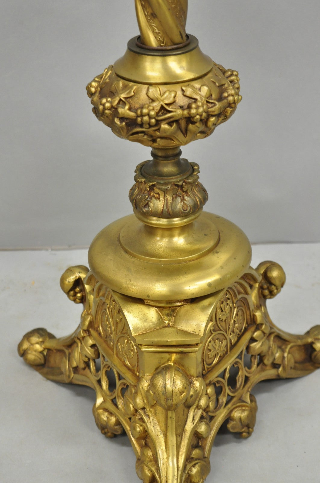 Antique French Renaissance Gothic Brass Metal Gold Candlestick Floor Lamp