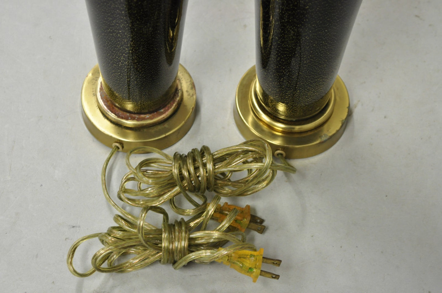 Vintage Mid Century Modern Black Glass w/ Gold Speckles Urn Table Lamps - a Pair