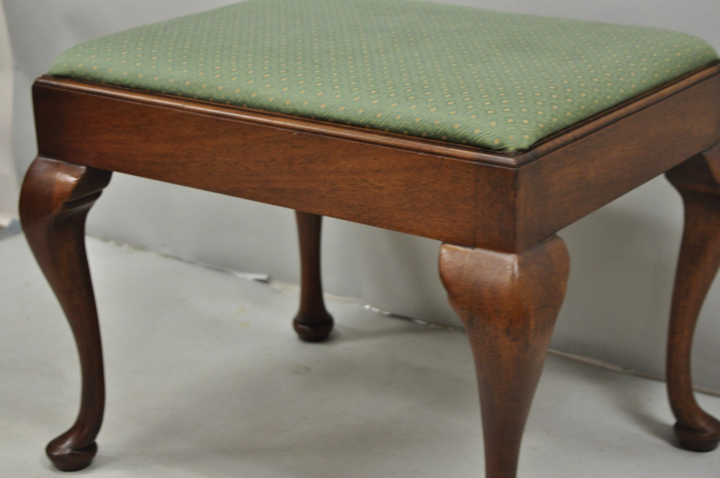 Vintage Queen Anne Style Mahogany Wood Green Upholstered Footstool Ottoman