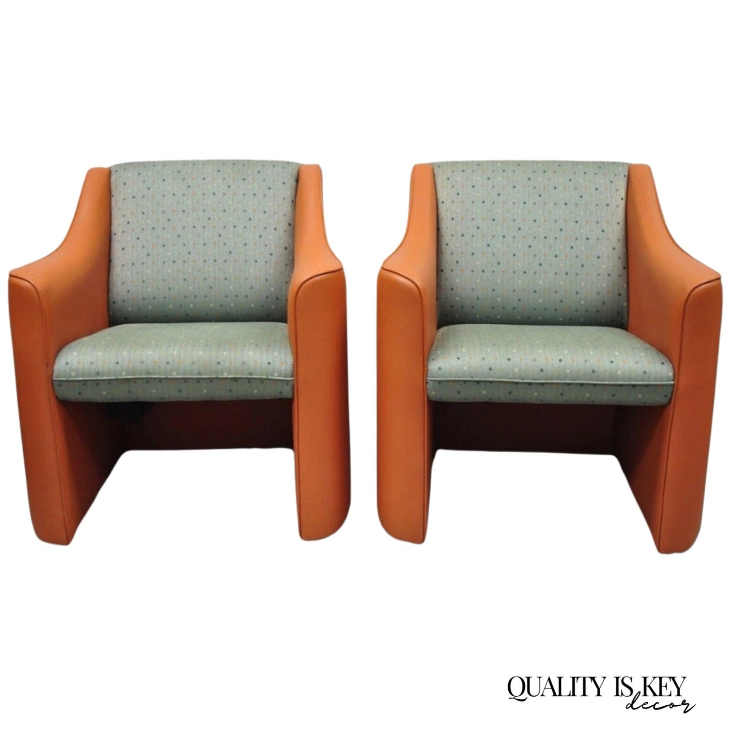 Postmodern Orange Green Lounge Chairs by Global Upholstery Company Ltd - a Pair
