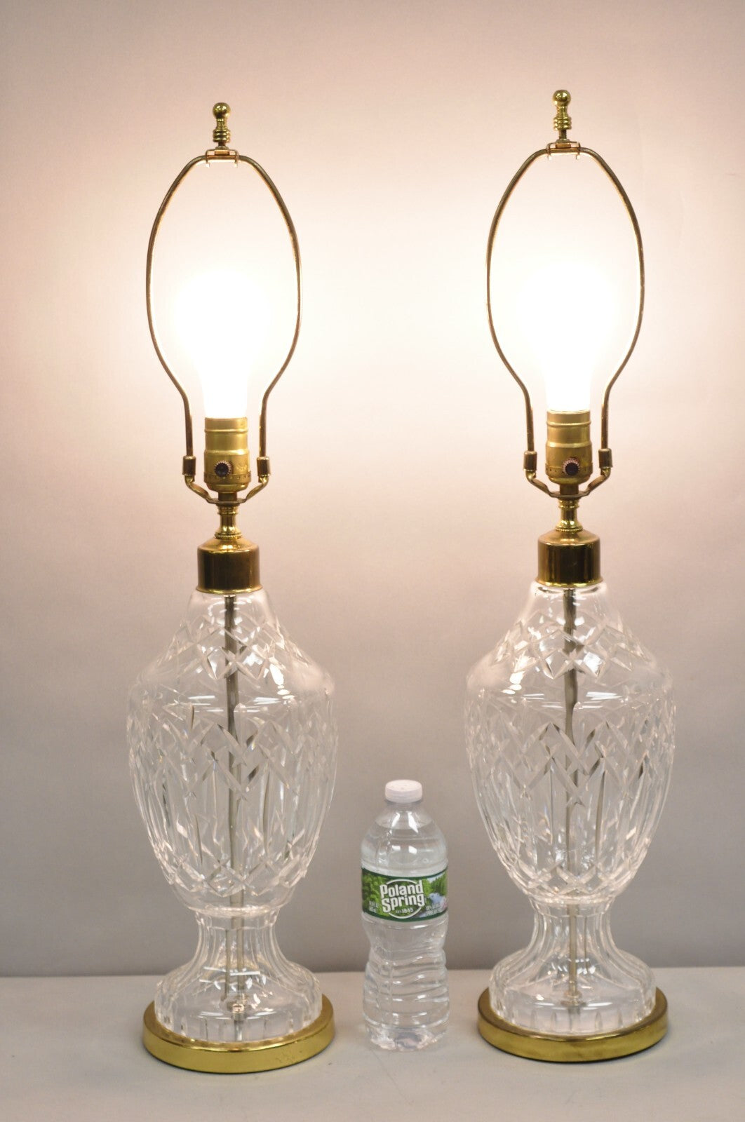 Vintage Waterford Cut Crystal Leaded Glass Urn Form Brass Table Lamps - a Pair