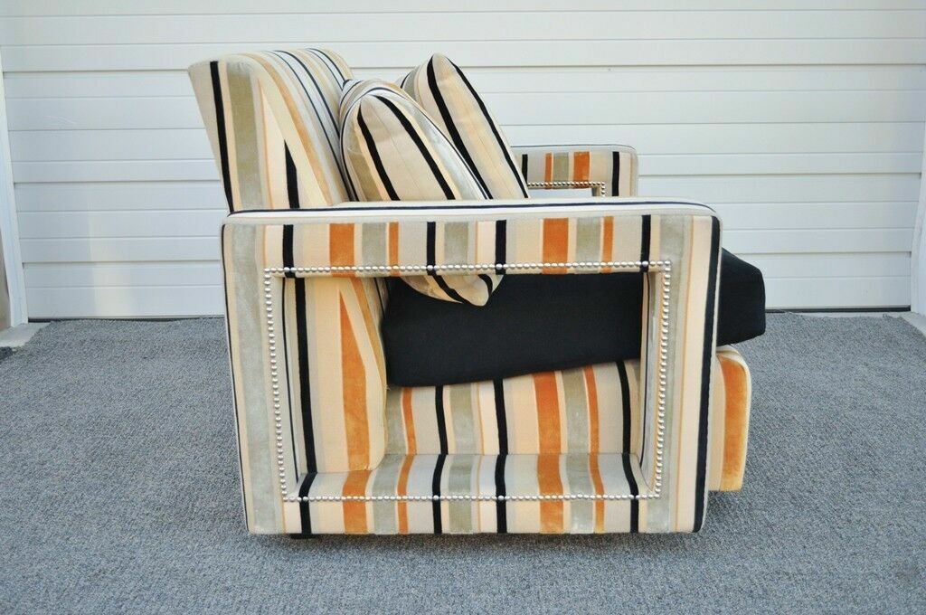 Large Hollywood Regency Modern Striped Upholstered Lounge Club Movie Arm Chair