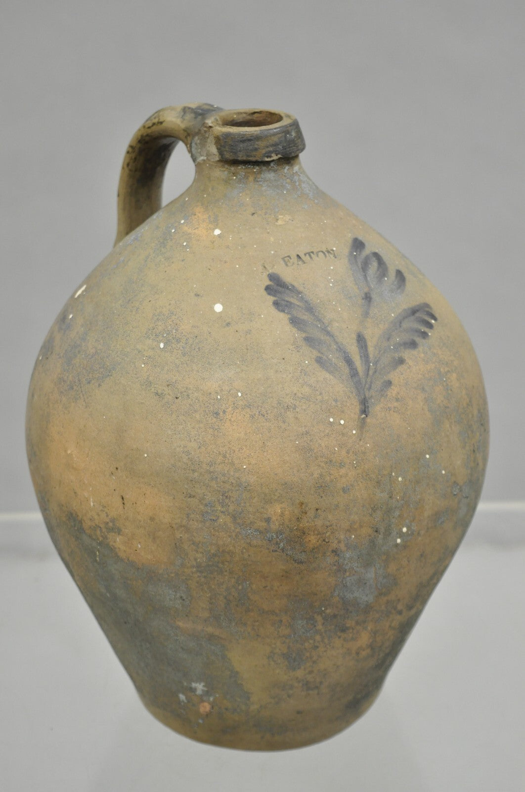 Antique American Primitive Stoneware Salt Glazed Jug Cobalt Flower By Eaton NJ