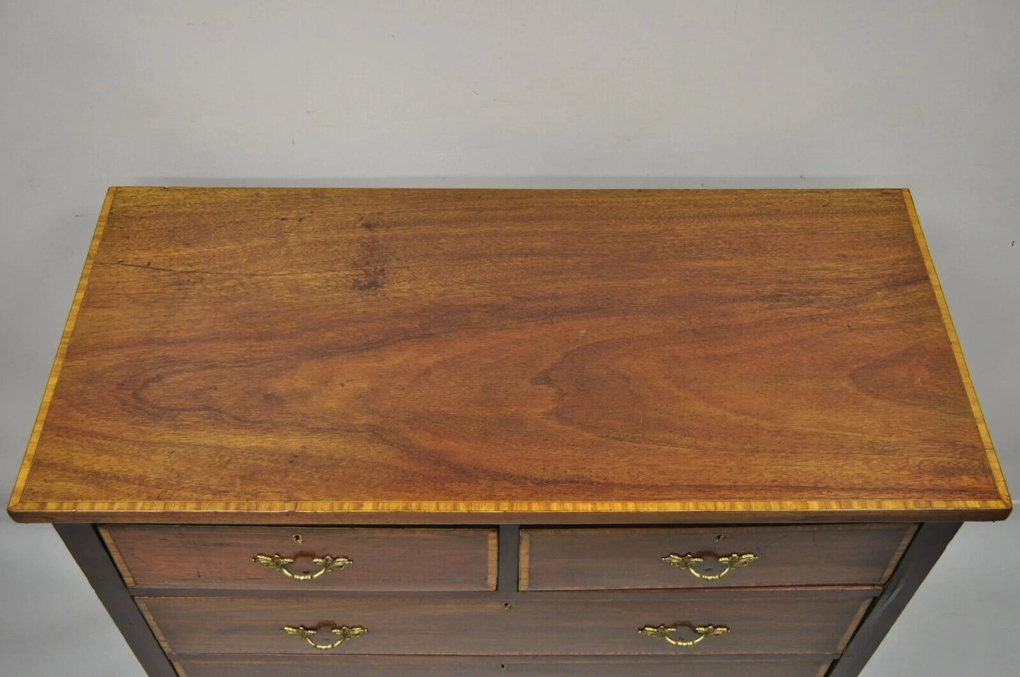 Antique English Georgian Mahogany Banded Satinwood Inlay 5 Drawer Chest Dresser