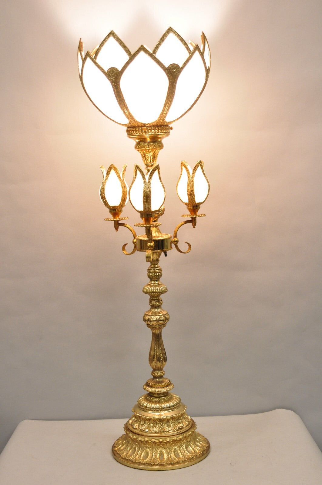 Vintage Hollywood Regency Gold Tall Candlestick Lantern Tulip Shade Table Lamp