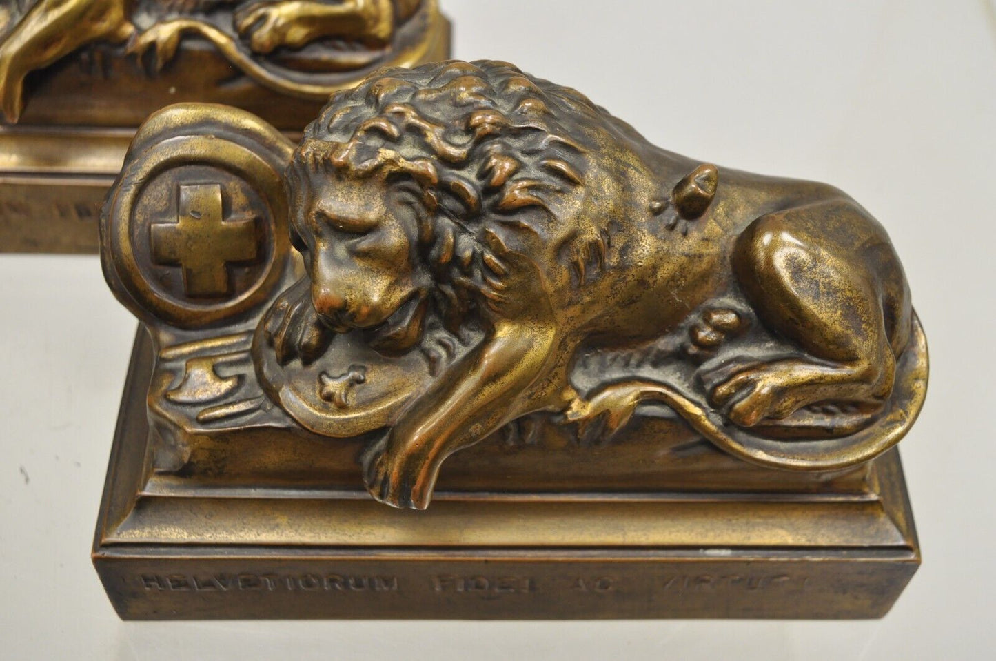 Antique Swiss Guard Bronze Lion Bookends Helvetiorum Fidei AC Virtuti "JB 1570"