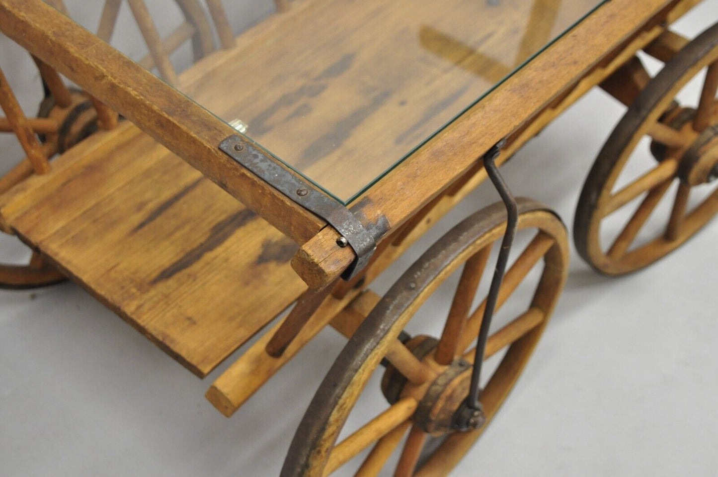 Antique French Primitive Wooden Goat Cart Wagon Farmhouse Glass Top Coffee Table