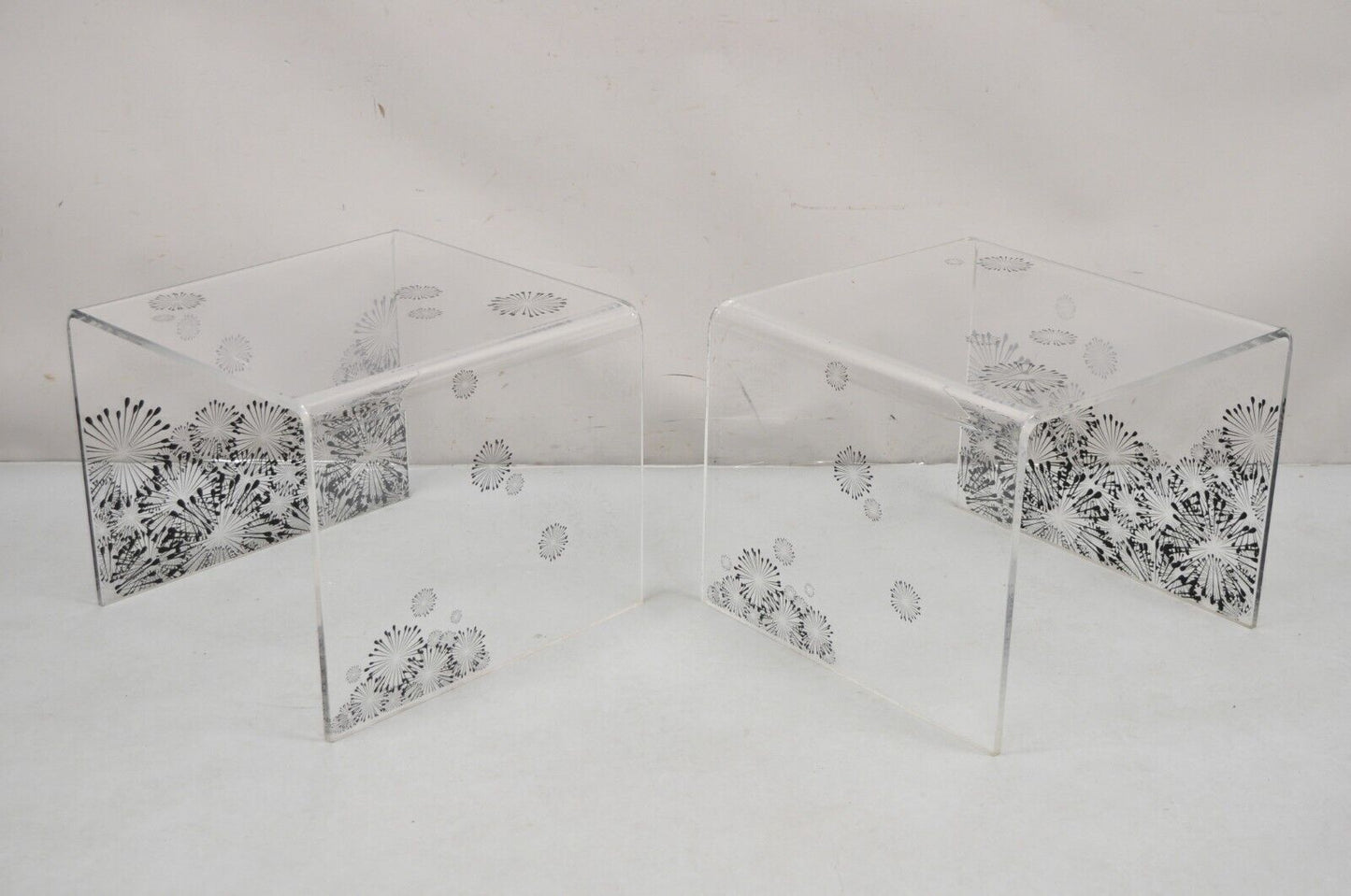 Mid Century Modern Lucite Acrylic Sunflower Fireworks Low Waterfall End Tables