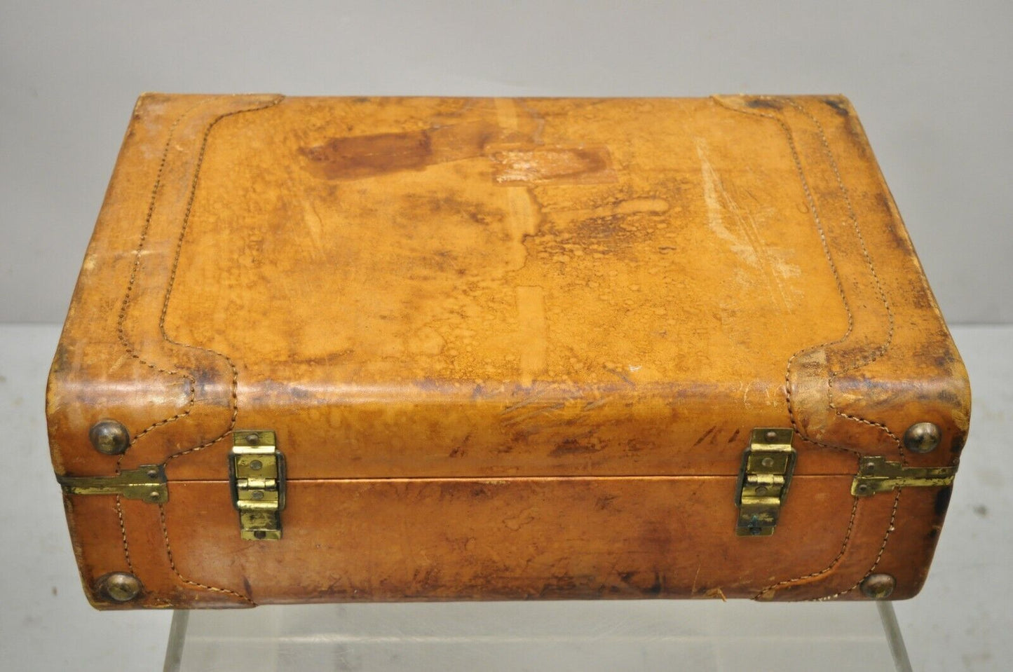 Vintage Brown Caramel Leather Hard Case 18" Suitcase Luggage Trunk with Patina