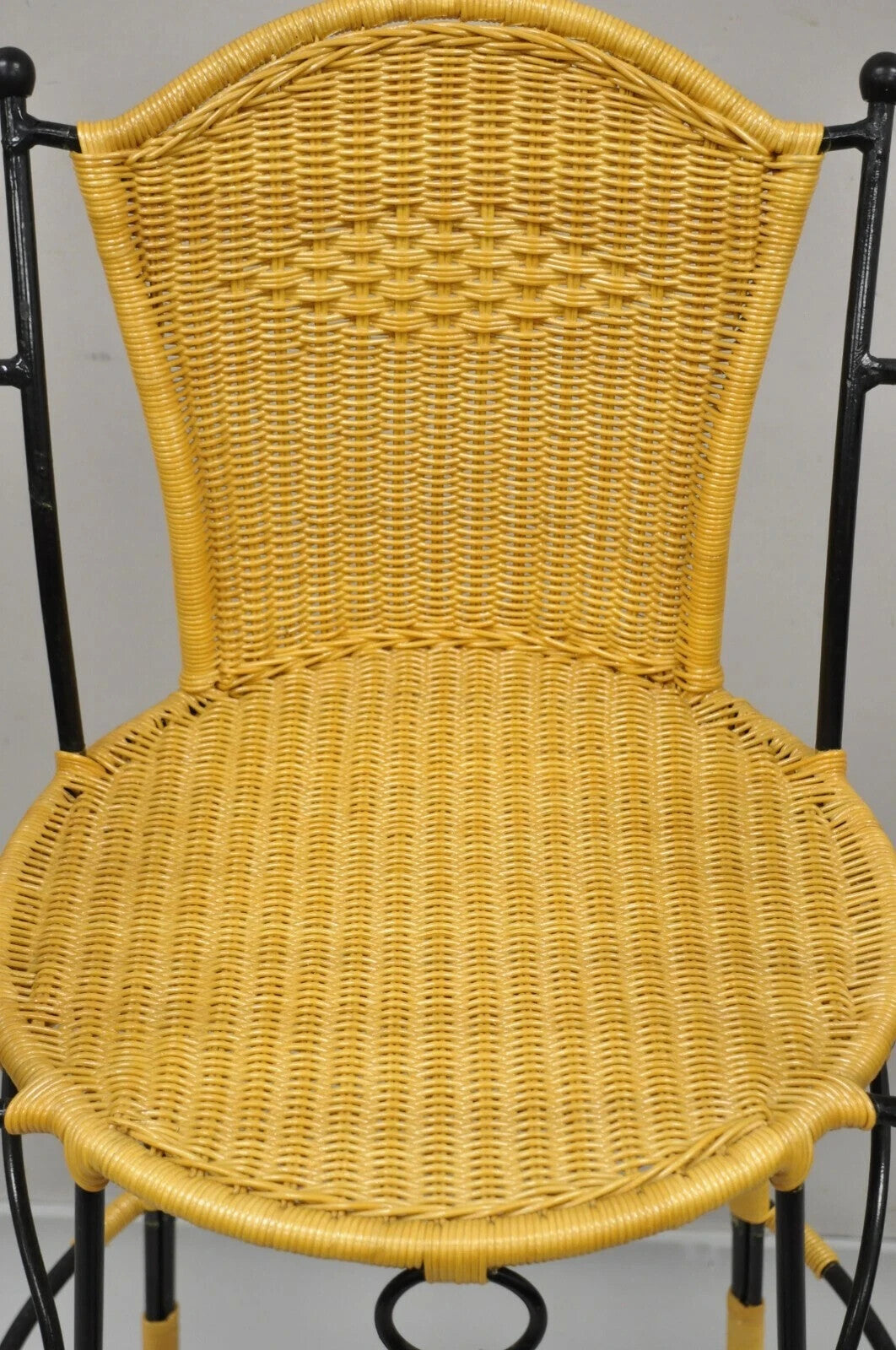 French Country Wrought Iron Woven Vinyl Rattan Bar Stools With Arms - Set of 4