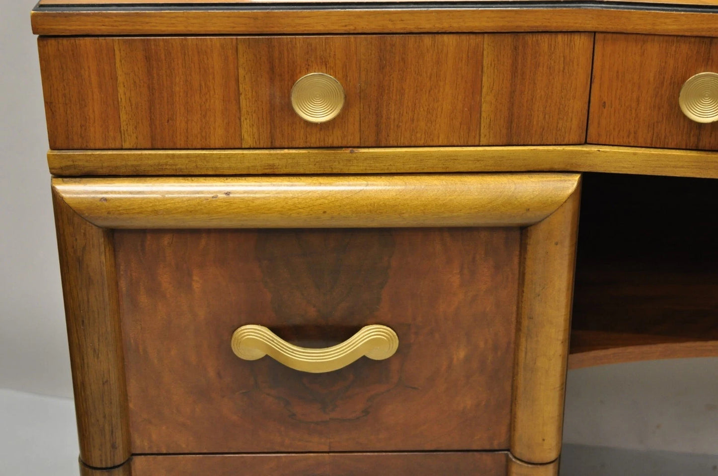 Vintage Mid Century Modern Art Deco Walnut Vanity Table w Mirror by Joerns Bros
