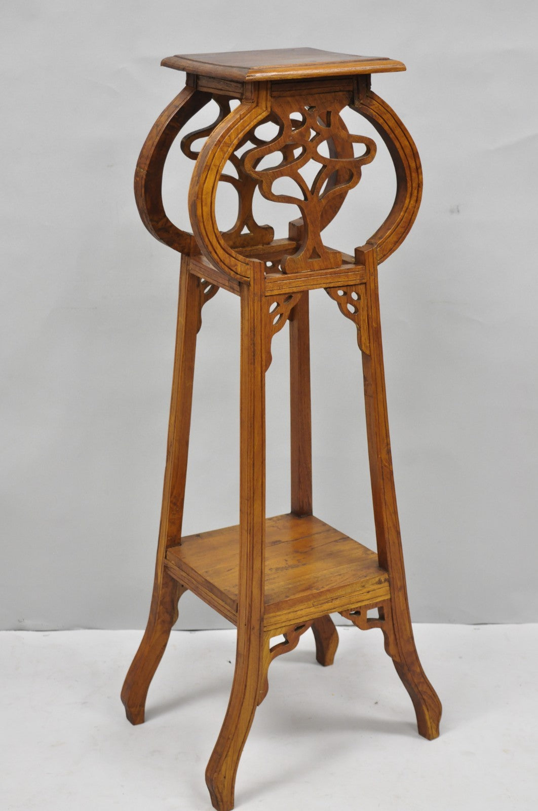 Vintage French Art Nouveau Style Carved Teak Pedestal Plant Stand Side Table