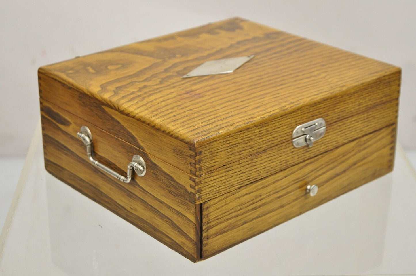 Antique WM Rogers Oak Small Flatware Silverware Storage Box with Drawer