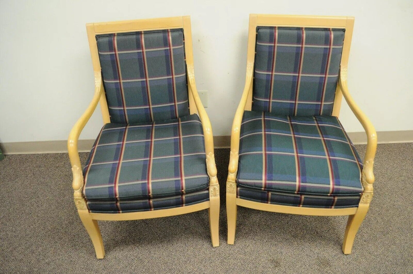 Ethan Allen Italian Regency Carved Dolphin Fireside Lounge Arm Chairs - a Pair