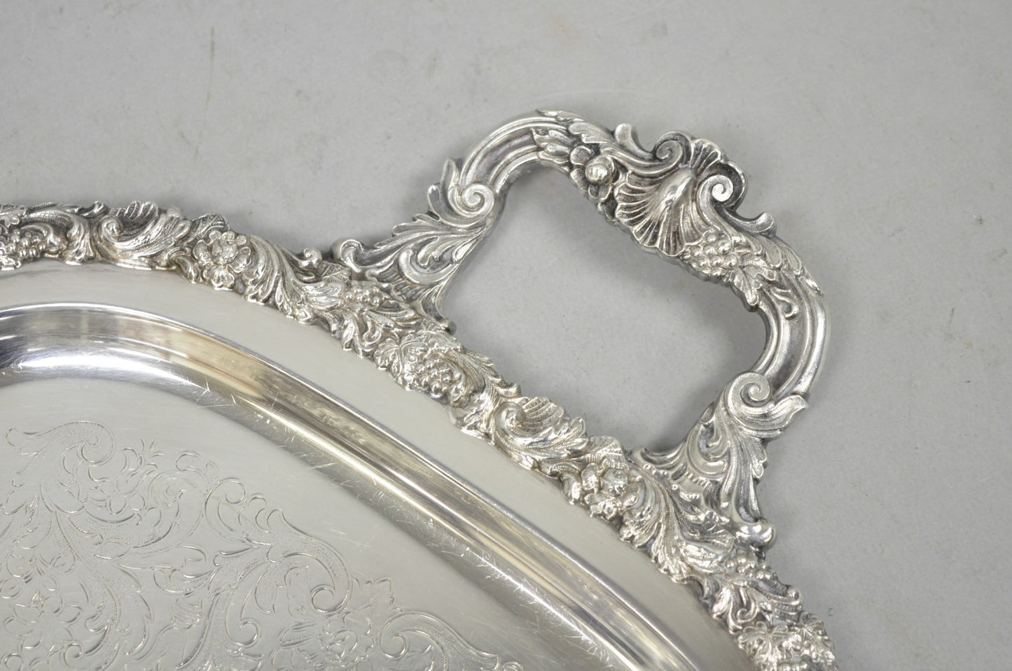 Vintage Gorham YC1466 Silver Plated Floral Repousse Bar Serving Tray w Handles