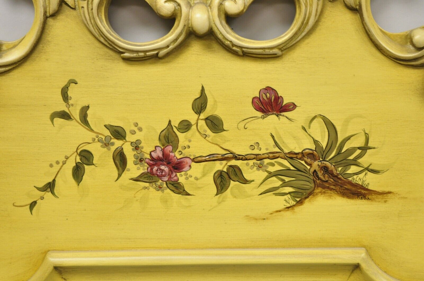 Vintage Yellow Chinoiserie Shell Carved Wall Mirror by Union National