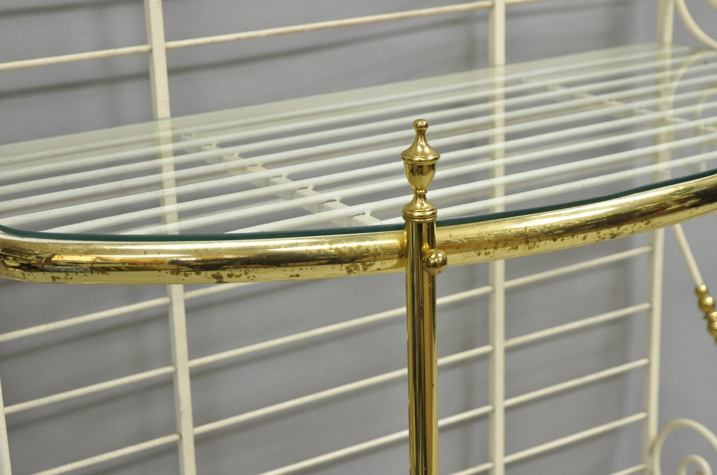 Vintage French Country White Wrought Iron & Brass 3 Tier Pastry Bakers Rack