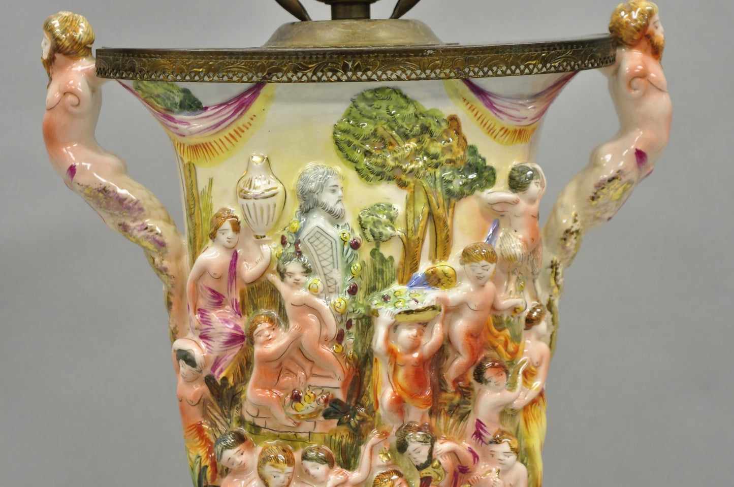 Vintage Italian Capodimonte Porcelain Figural Bacchanal Cherub Mermen Table Lamp
