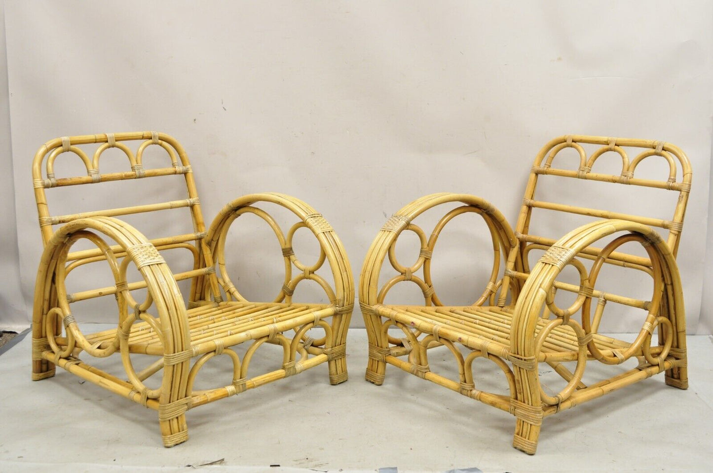 Vintage Hollywood Regency Bent Bamboo Wicker Rattan Pretzel Lounge Chairs - Pair