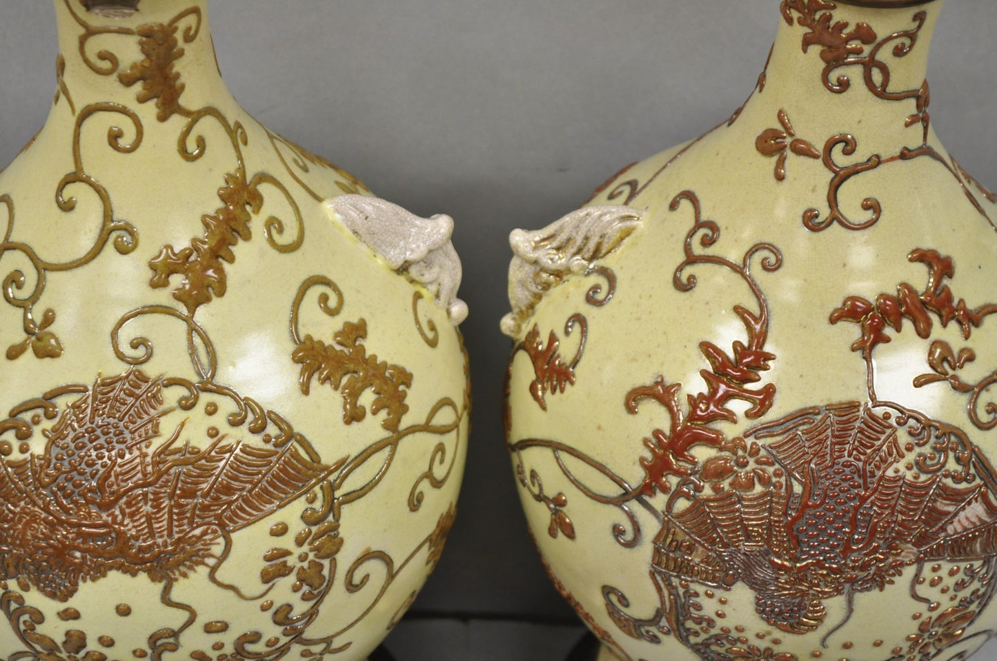 Antique Japanese Ceramic Beige Figural Dragon Vase Form Table Lamps - a Pair