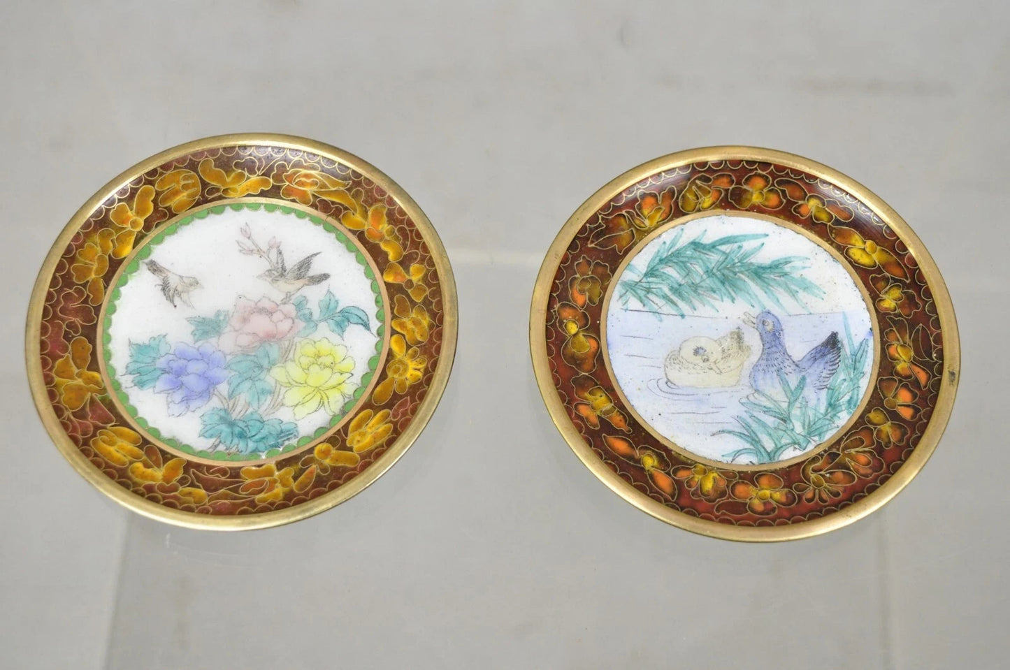 Vintage Chinese Brass Enamel Cloisonne Small Trinket Dish Set Brown - Set of 2