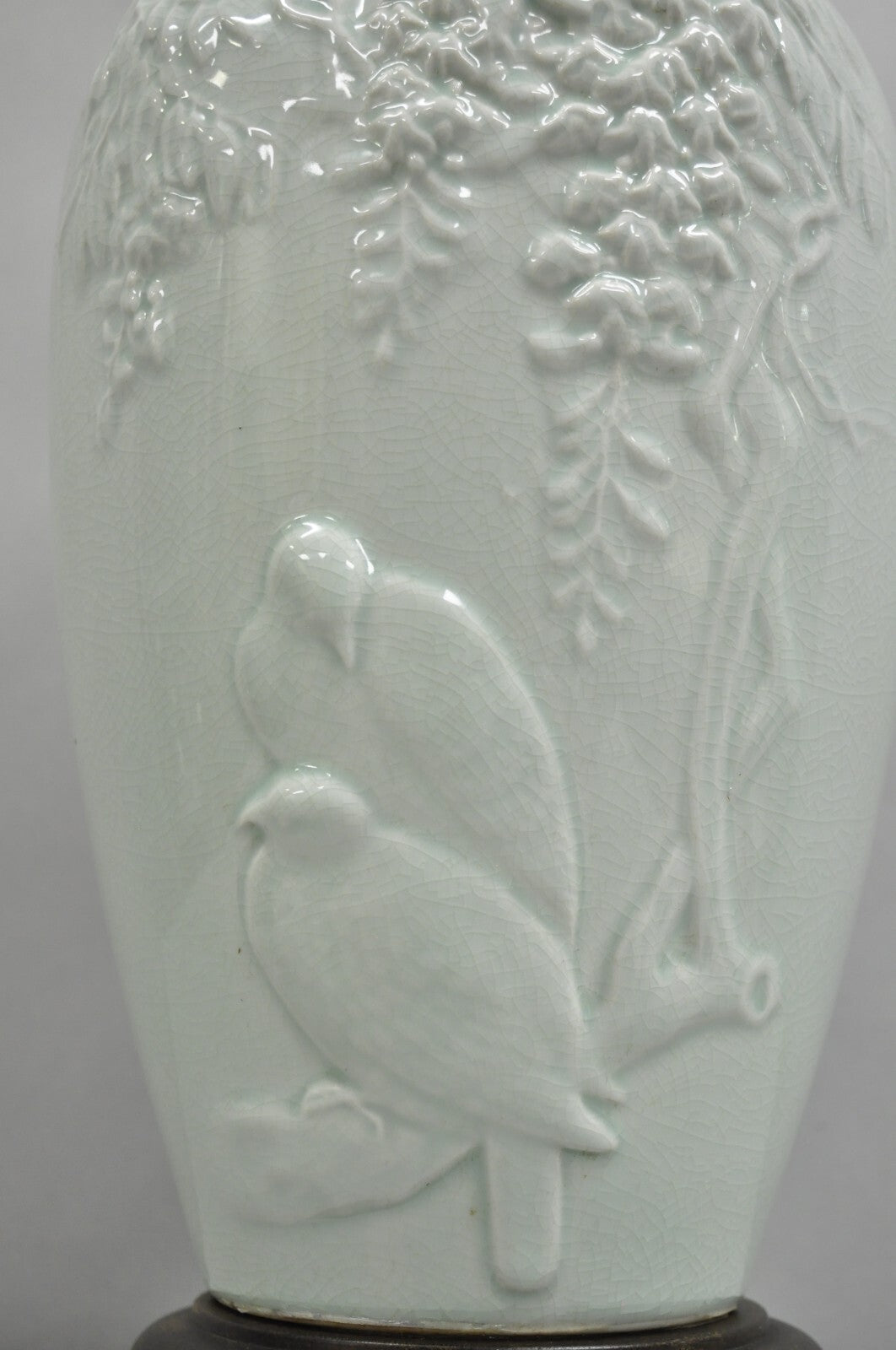 Chinoiserie Chinese Green Celadon Porcelain "Love Birds" Jardiniere Table Lamp