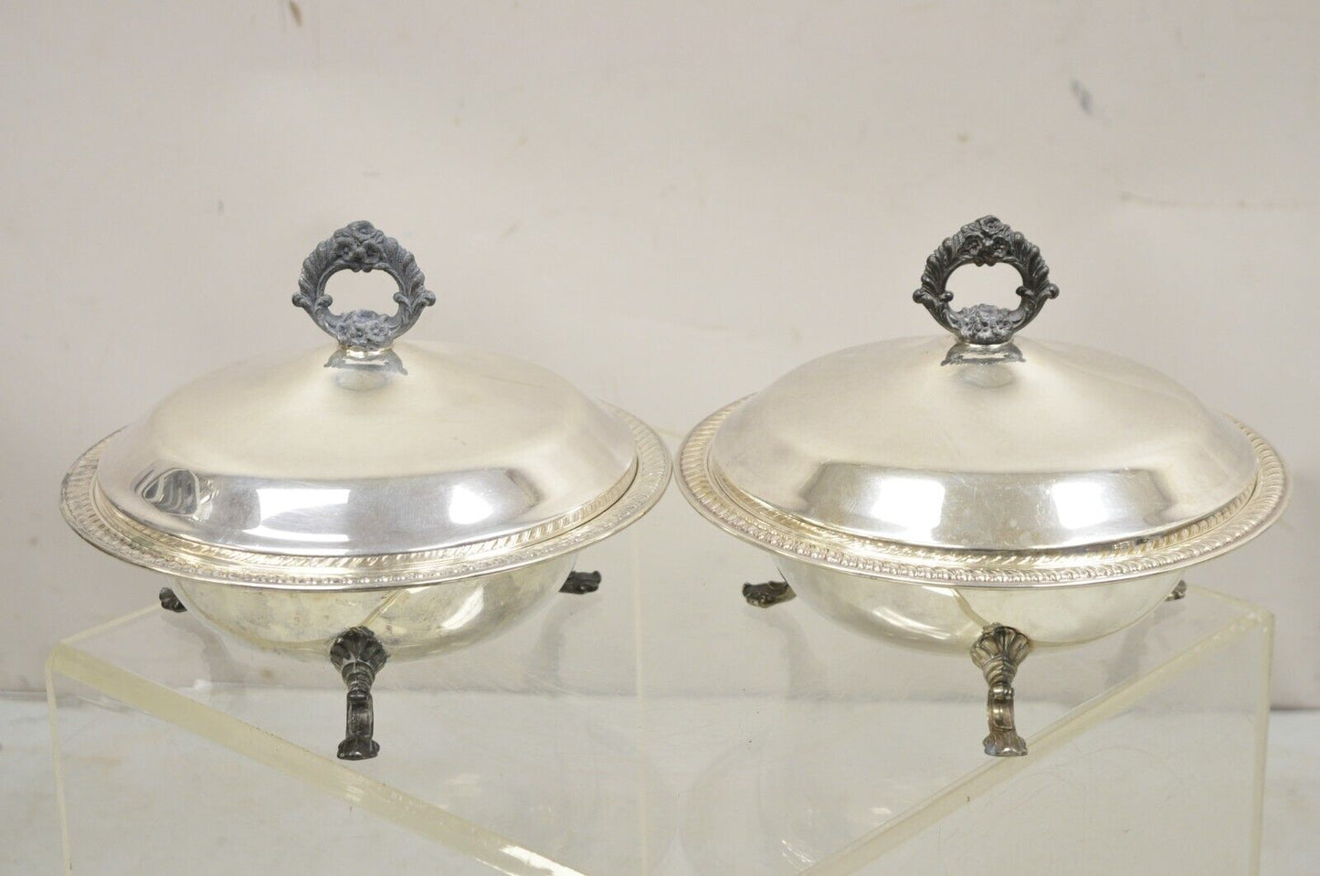 FB Rogers Silver Co 1158 Silver Plated Footed Covered Dish Serving Bowl - a Pair