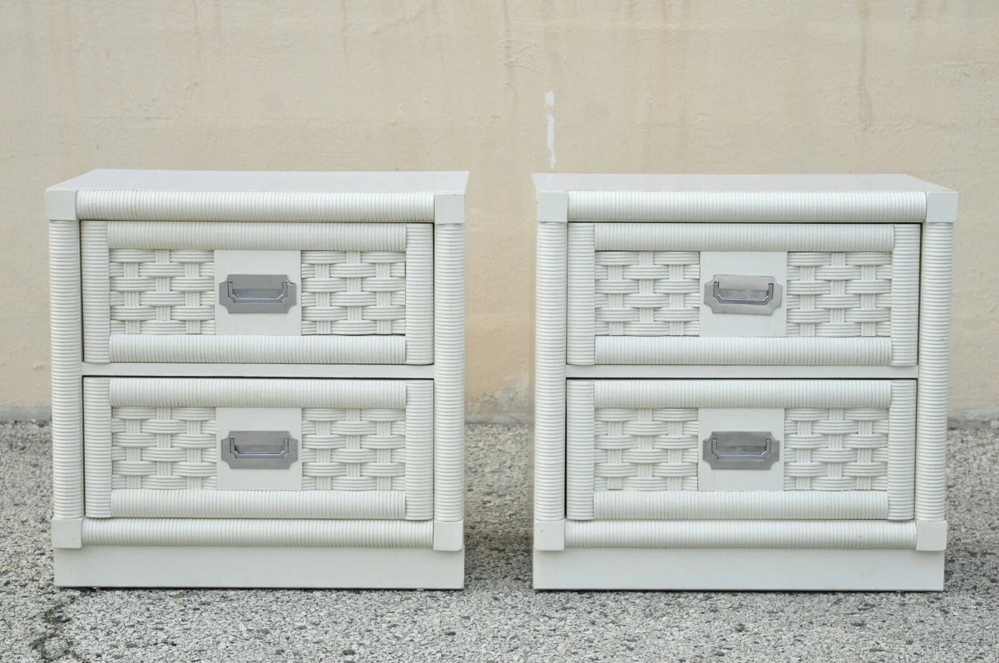 Vintage Hollywood Regency White Rattan Campaign Style Nightstands by Dixie Pair