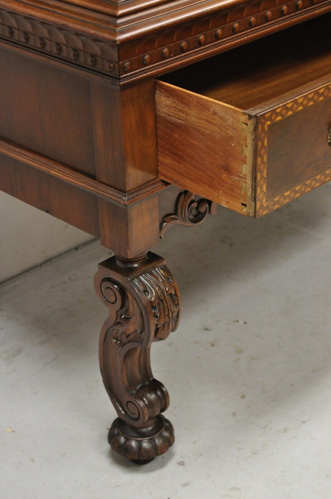 Antique French Renaissance Carved Walnut Floral Inlay Blind Door China Cabinet