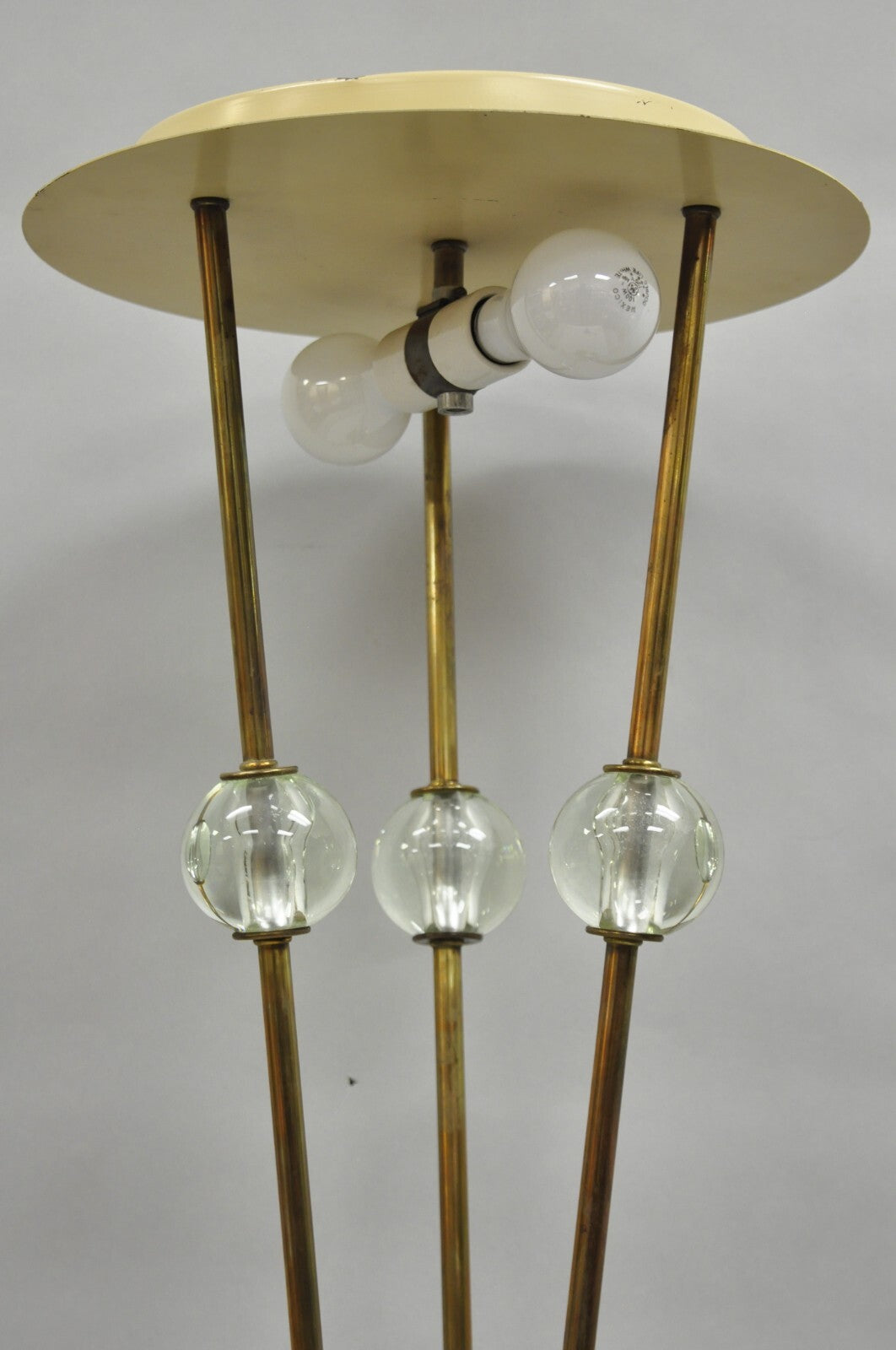 Vintage Mid Century Italian Modern Brass and Glass Sphere Tripod Tall Table Lamp