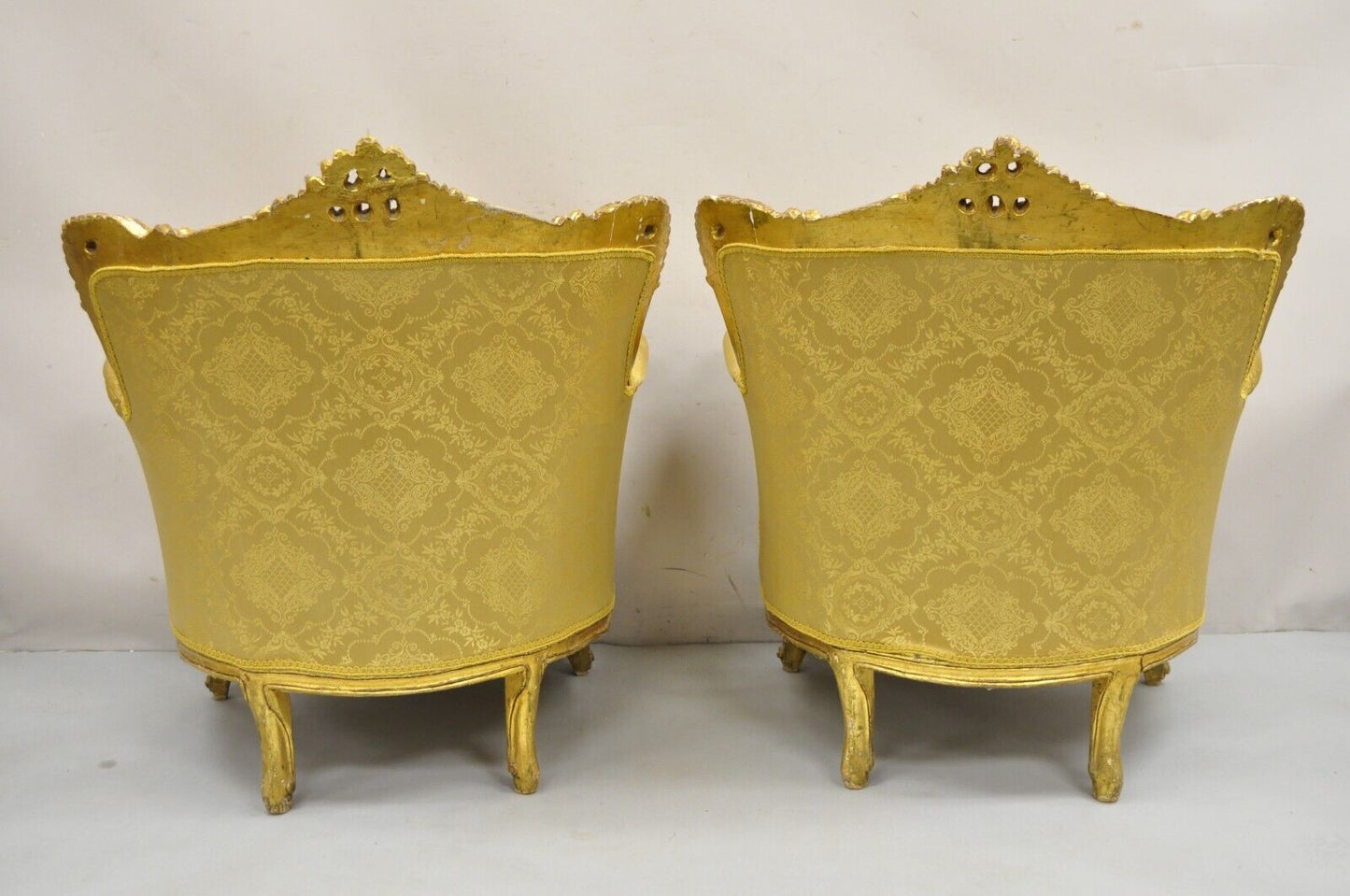 Vintage French Baroque Style Gold Giltwood Upholstered Bergere Club Chair - Pair