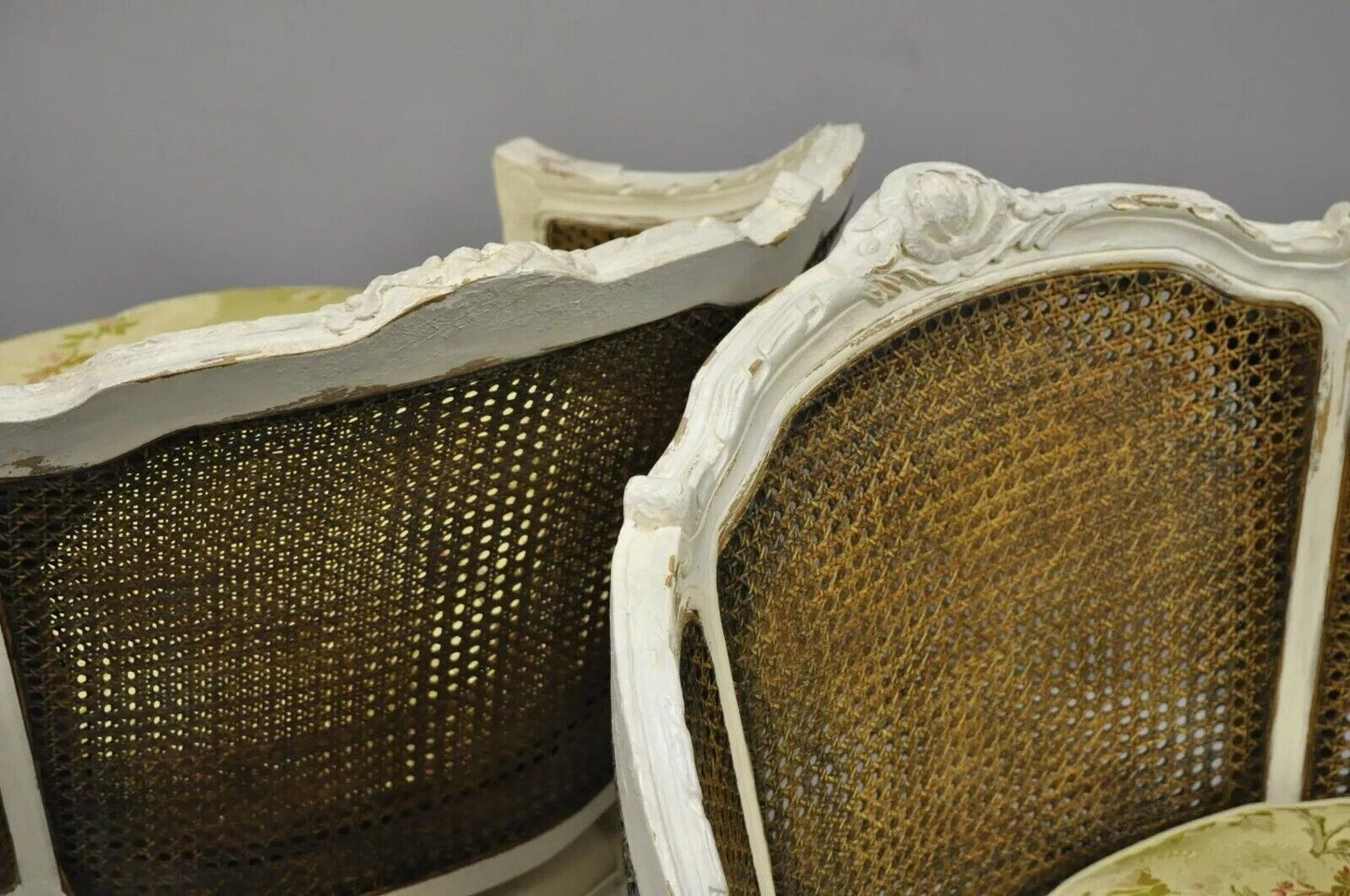 French Louis XVI Style White Distress Painted Cane Bergere Club Chairs - a Pair