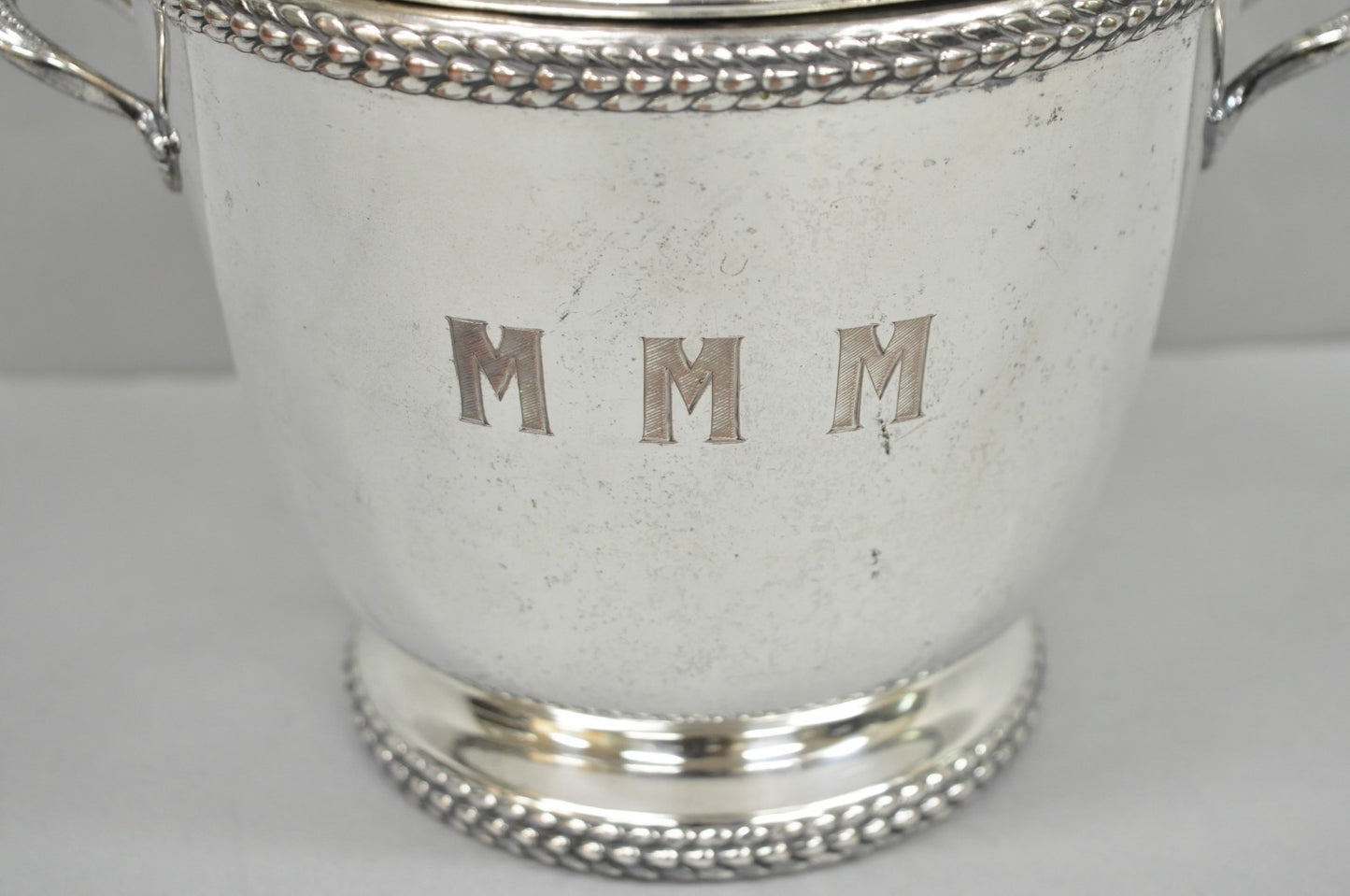 Vintage Art Deco Modern Silver Plated Lidded Bar Ice Bucket w/ "MMM" Monogram