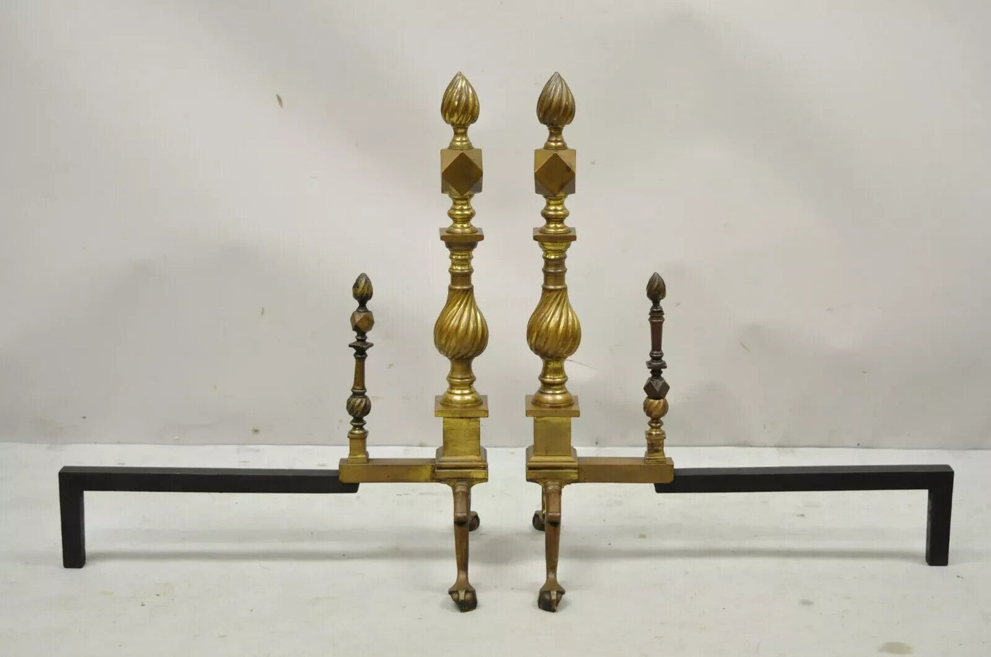 Antique Federal Brass Spiral Twist Finial Branch Leg Ball & Claw Andirons - Pair