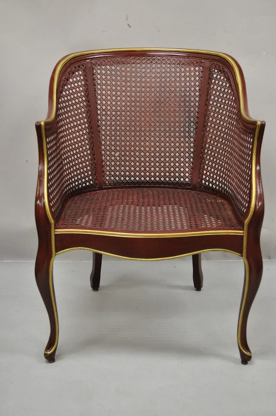 Vintage French Louis XV Style Red Lacquer & Gold Cane Bergere Lounge Club Chair