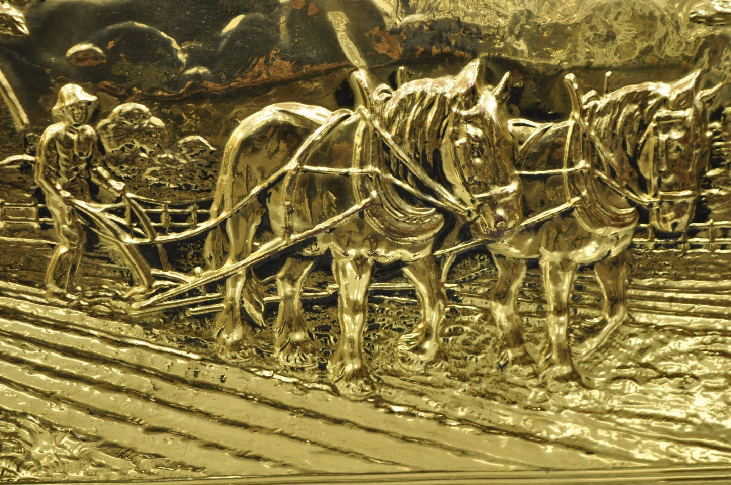 English Colonial Embossed Brass Farmer Horse-Drawn Plow Magazine Rack Holder