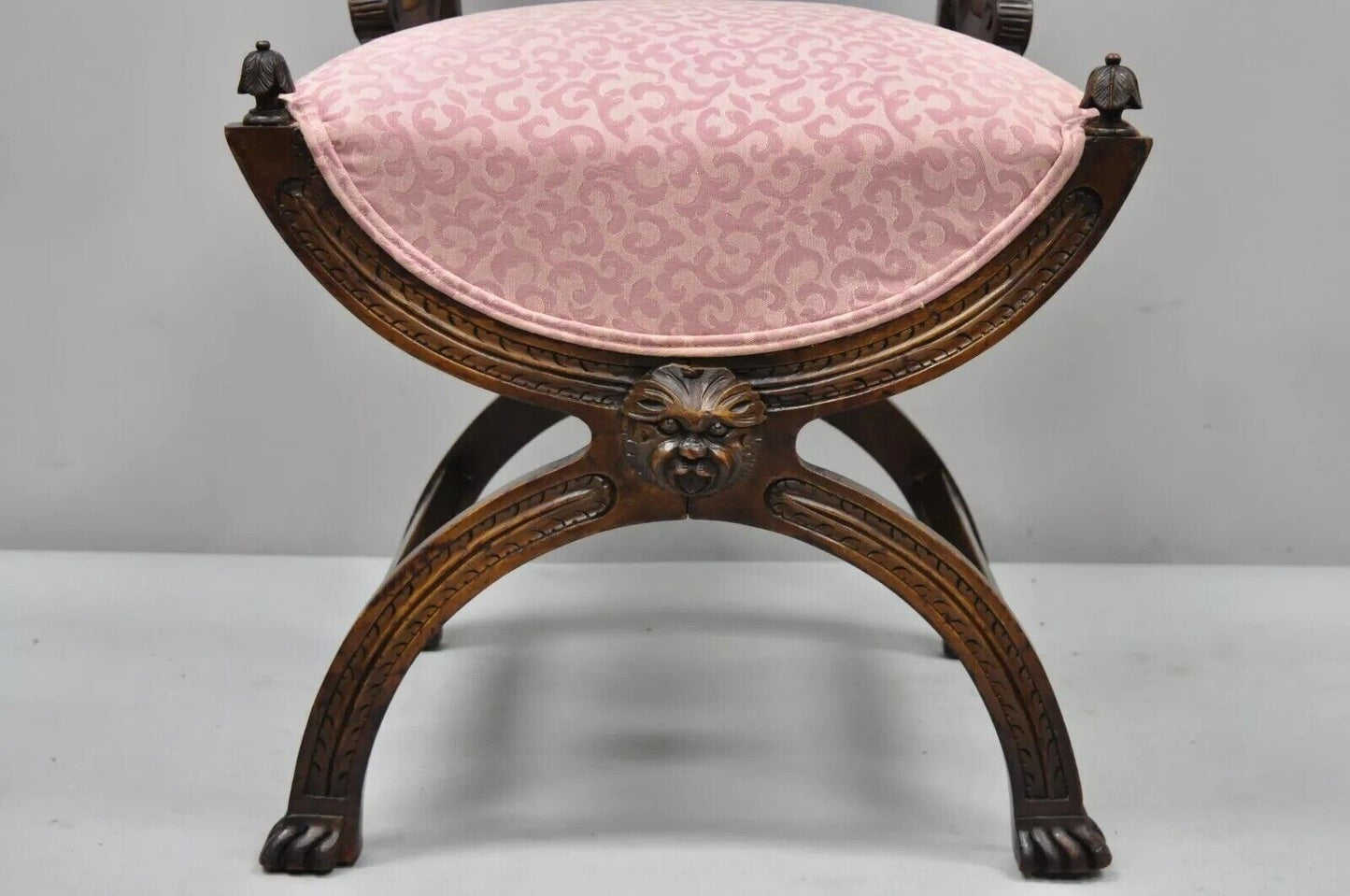 Antique Italian Renaissance Carved Walnut Northwind Face Curule Side Chair