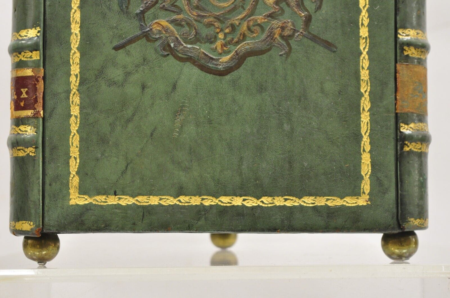 Vintage Italian Regency Green Leather Triangular Book Form Wastebasket Trashcan