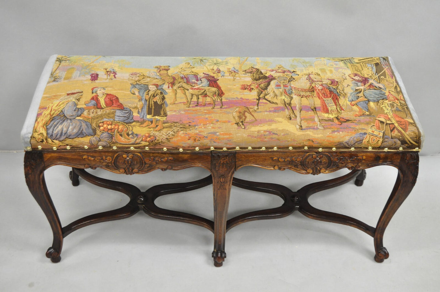 Vintage French Country Louis XV Style Walnut Bench w/ Arabian Market Tapestry
