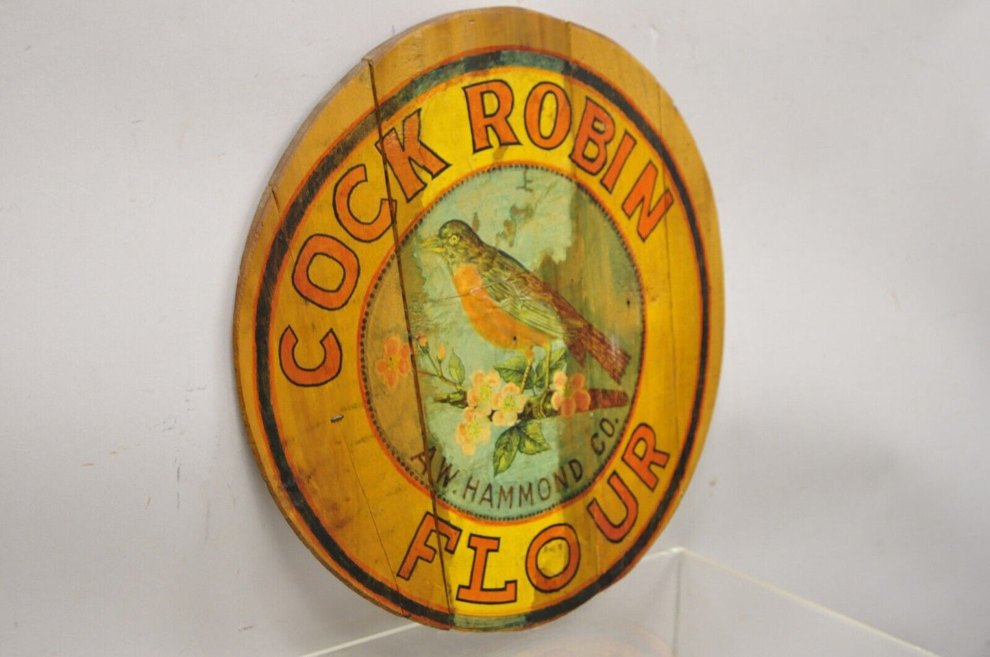 Vintage Cock Robin Flour AW Hammond Co Round Wood Advertisement Plaque